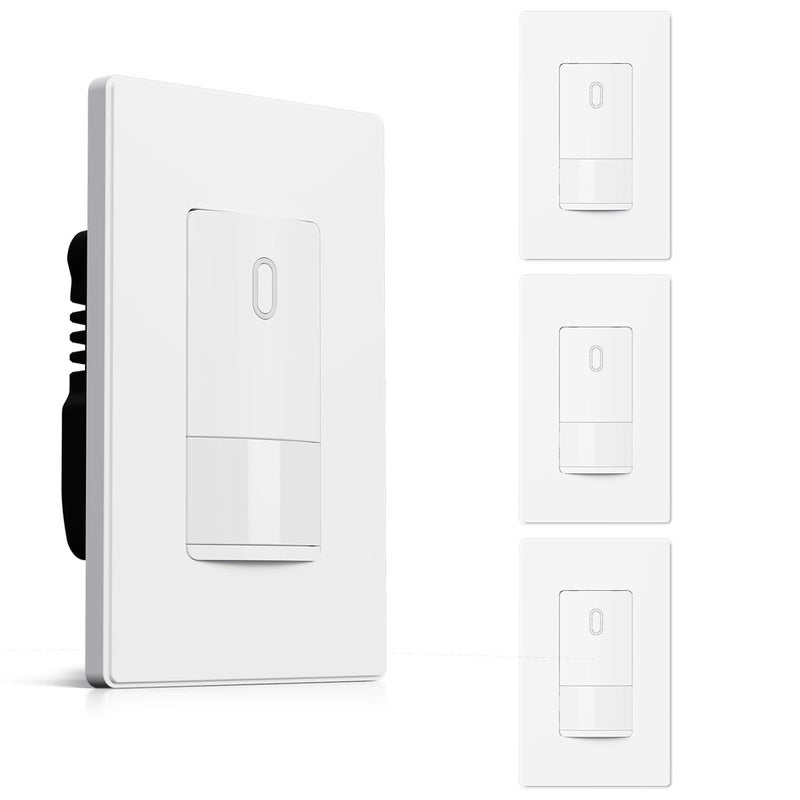 Aida Single Pole Motion Sensor Light Switch w/Neutral Wire - 120° PIR Infrared Activation - CFL/LED/MLV/INC/HAL/Fan Compatible - UL Certified - 4 Pack,Matte White - Image 1